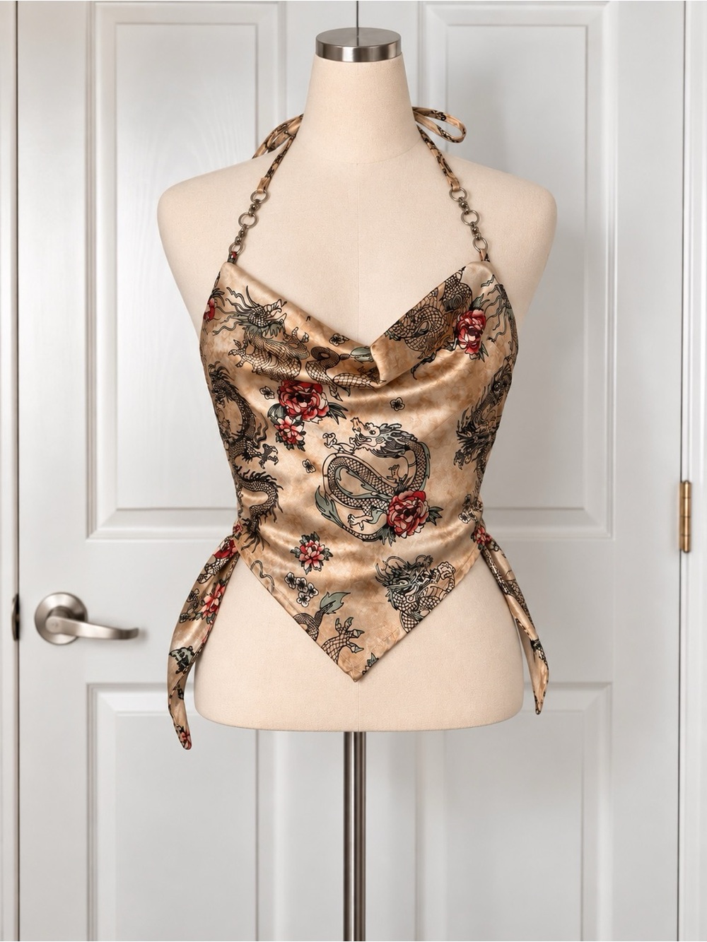 Rue21 Dragon Satin Halter Top M Y2K Cowl Neck Handkerchief Backless Chain